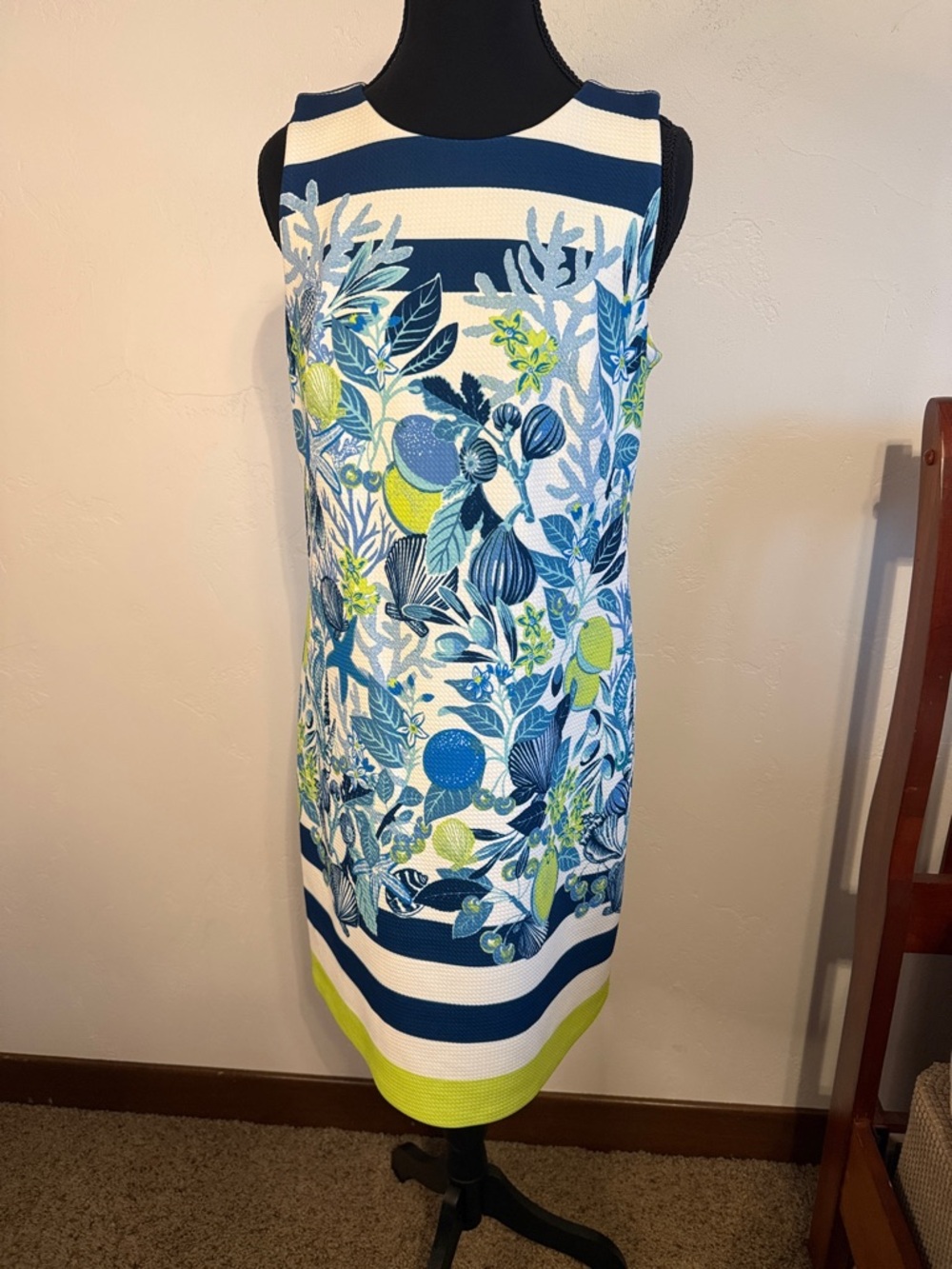 Eliza J Navy, White & Lime Floral-Striped Midi Dress